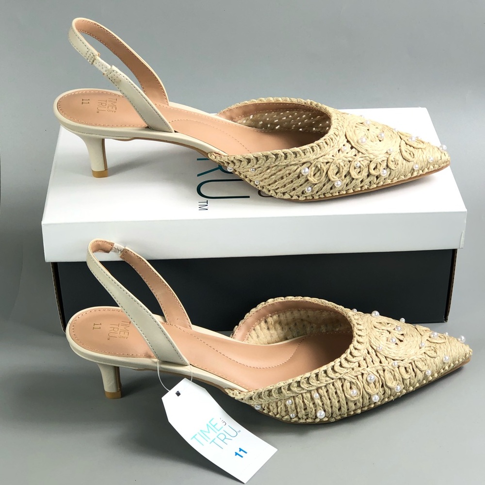 TIME AND TRU Beige Embellished Slingback Kitten Heel Size 11
